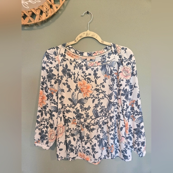 LOFT Navy and Peach Floral Boatneck Blouse - Picture 1 of 5